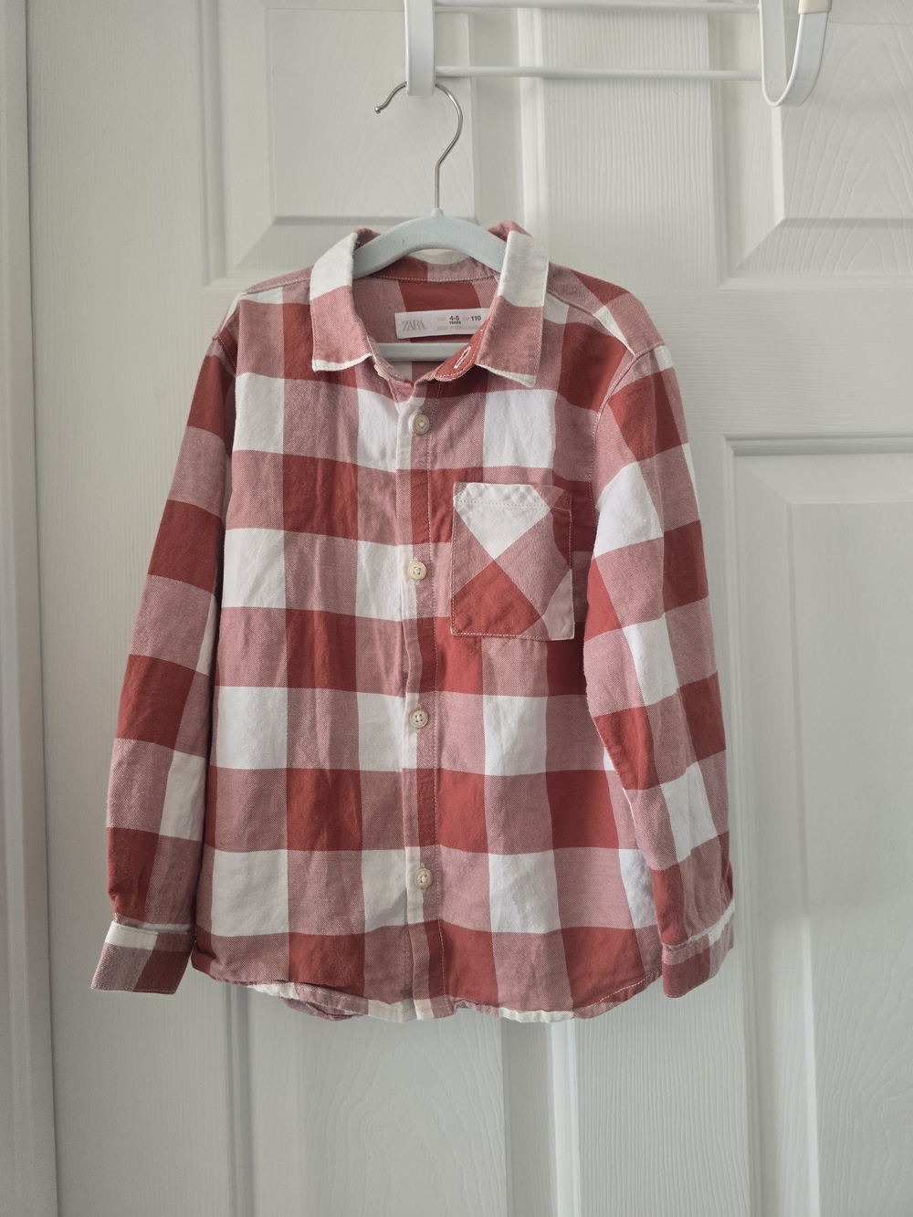 Zara Boys Plaid Button Down Shirt Red White Long Sleeve Size 4-5 Years 110